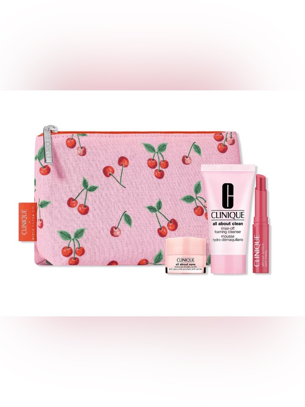 Clinique Pink Cherry Cosmetic Pouch w/ 3 piece gift + full sized volume mascara
